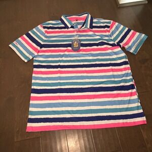 Coby Stevens Mens XL Pink Blue Striped Performance Golf Polo Shirt UPF 50+ NWT